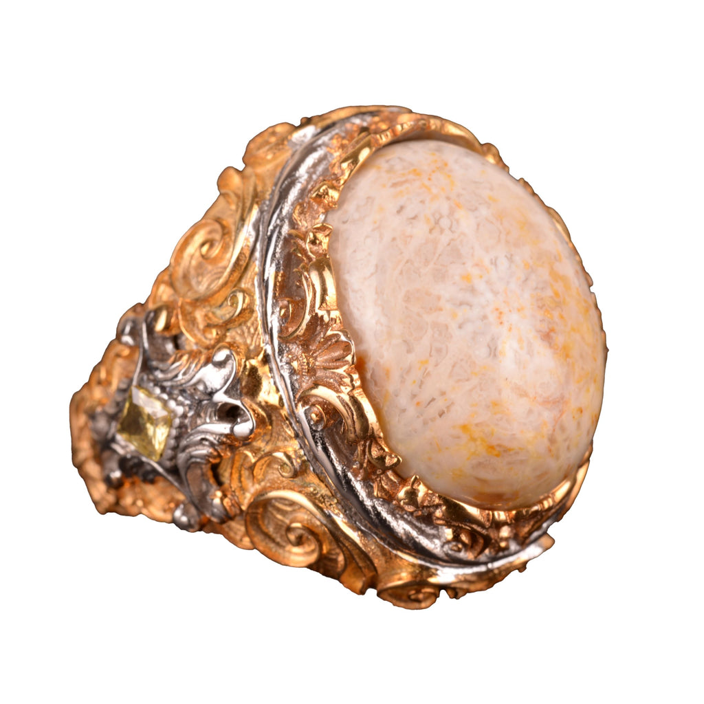 Natural Coral Stone Ring, 925 Sterling Silver (Model-2)