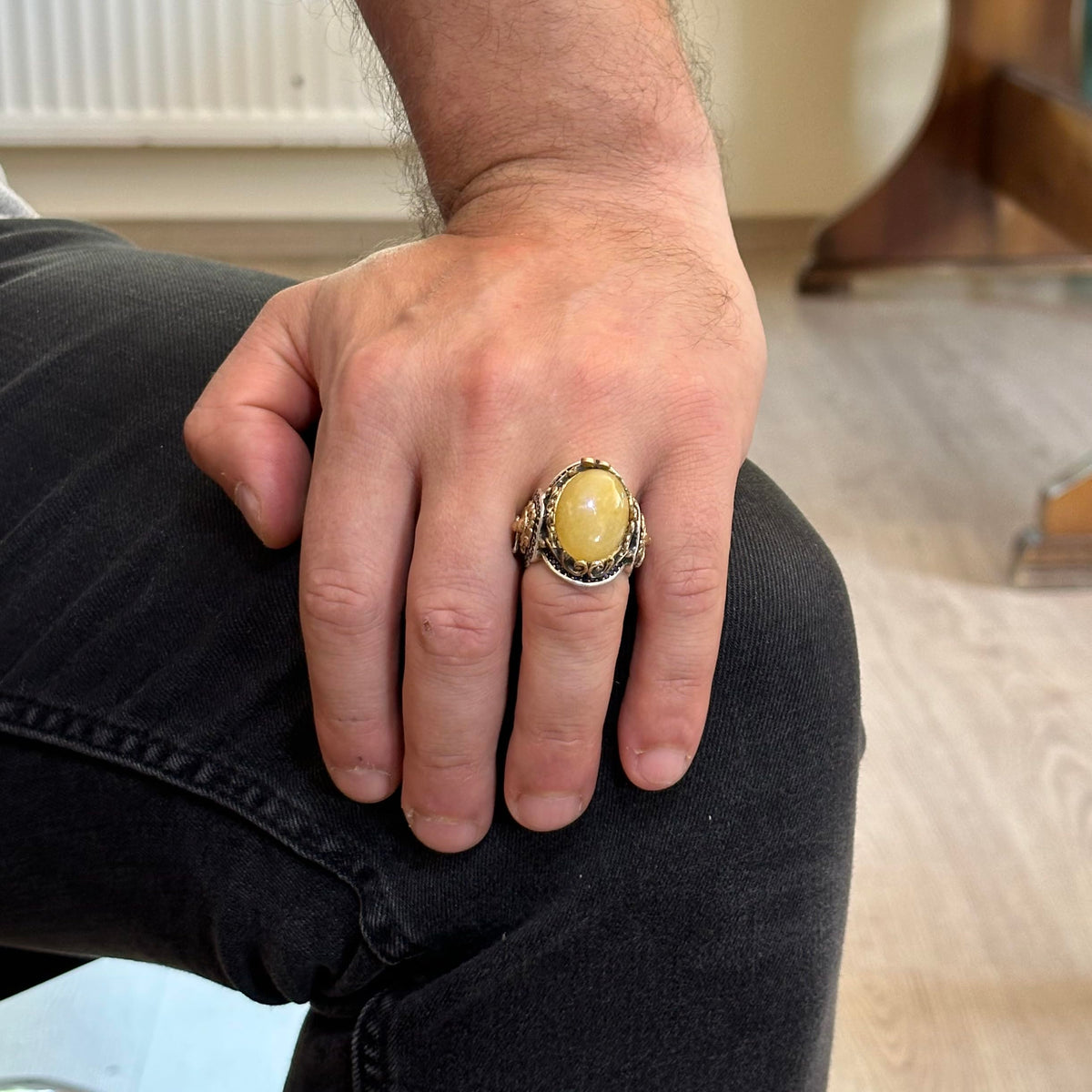 Lion Head Men's Ring, 925 Sterling Silver Ring, Natural Yellow Agate Stone Ring, Silver Men's Ring — 3