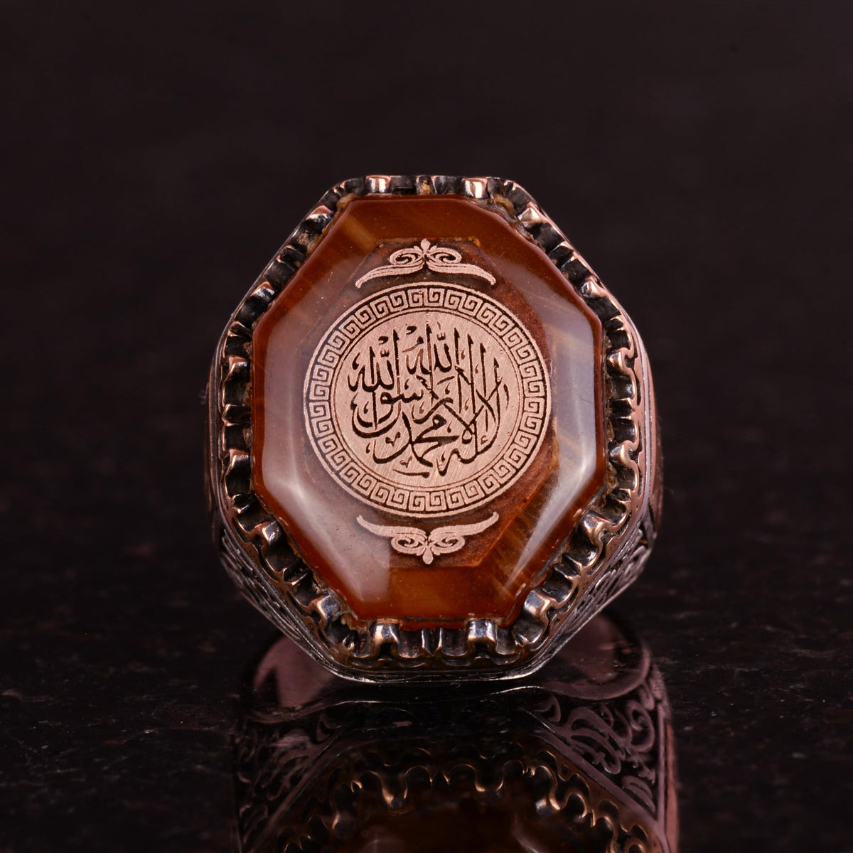 925 Sterling Silver Men's Ring - Amber Stone Islamic Design — 2