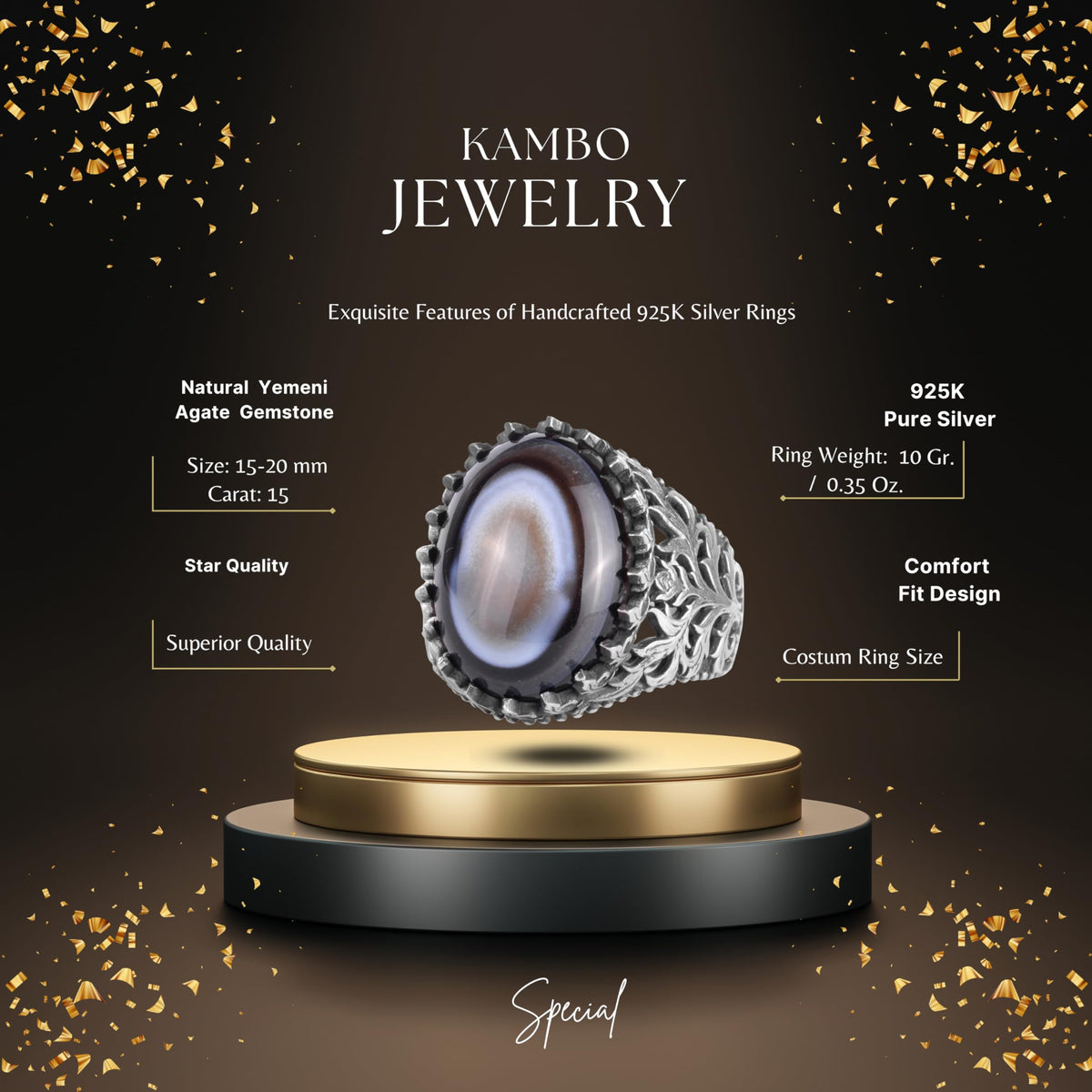 KAMBO Natural Yemen Agate Stone Ring – 925 Sterling Silver Decorative Men's Ring – Handmade Vintage Statement Ring (Yemen Agate-3) — 2