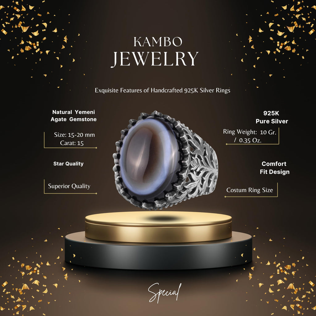 KAMBO Natural Yemen Agate Stone Ring – 925 Sterling Silver Decorative Men's Ring – Handmade Vintage Statement Ring (Yemen Agate-10) — 2