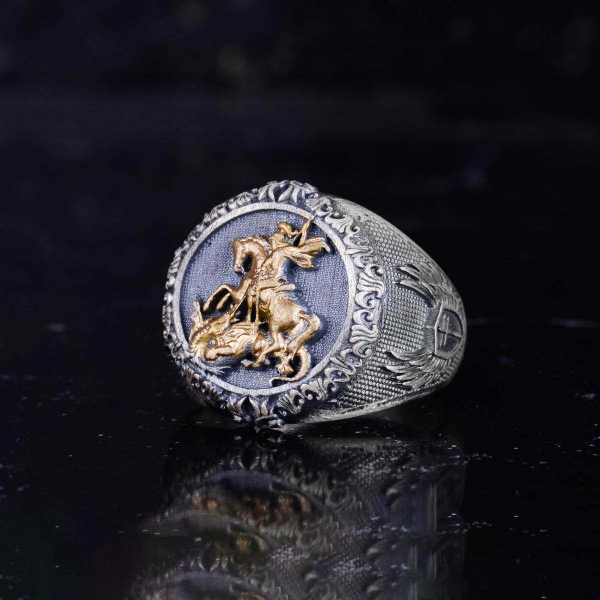 KAMBO 925 Sterling Silver St George and Dragon Men's Ring – Handcrafted Medieval Knight Signet Ring – Solid Silver Artis