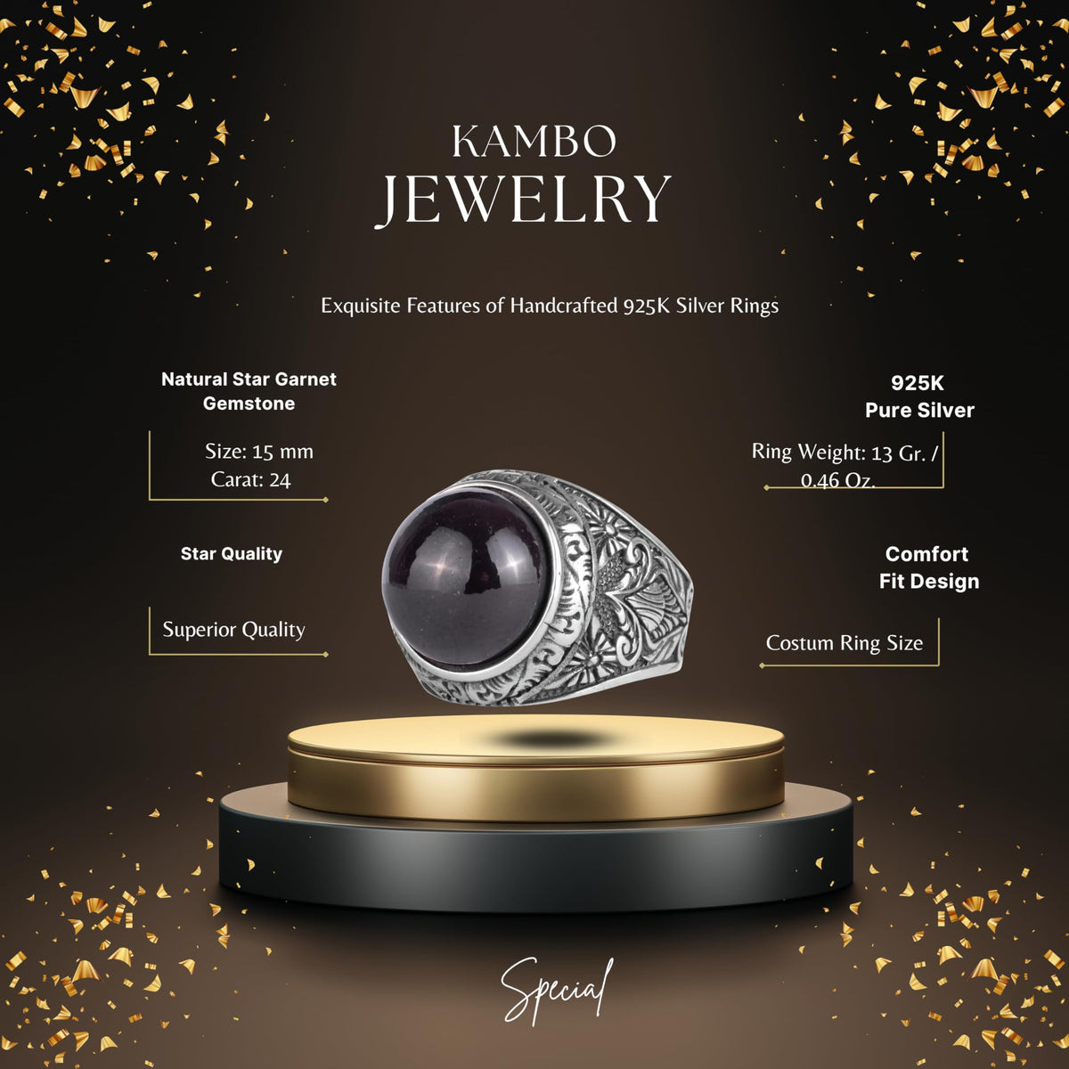 KAMBO Natural Star Garnet Stone Ring for Men 925 Sterling Silver Handmade Statement Ring Rare Asterism Stone — 2
