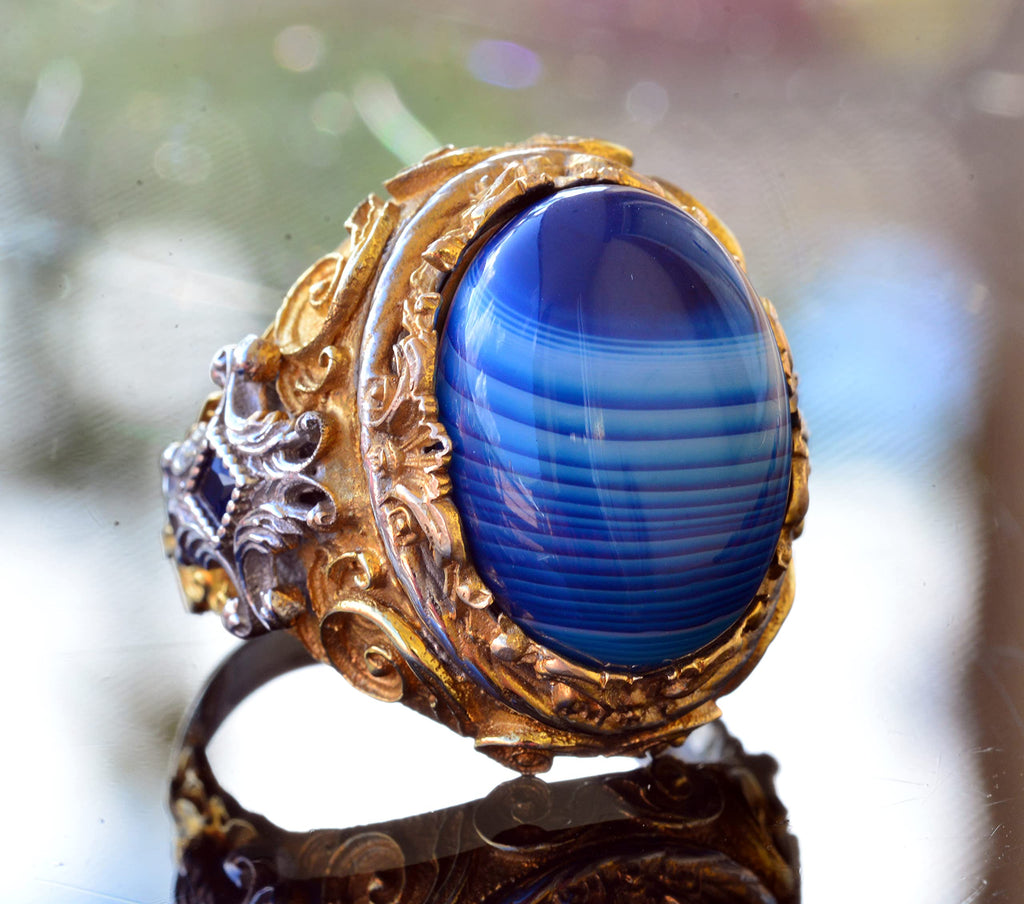 Natural Blue Agate Stone Men's Ring, Gold Plated 925 Sterling Silver Ring, Handmade Silver Ring — 5