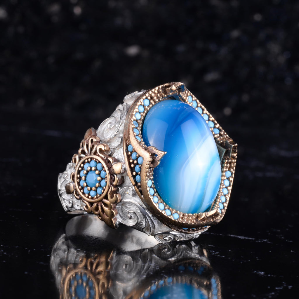 KAMBO Natural Stone Men's Ring – 925 Sterling Silver Gold Plated Statement Ring – Handmade Ring (Blue Agate) — 6