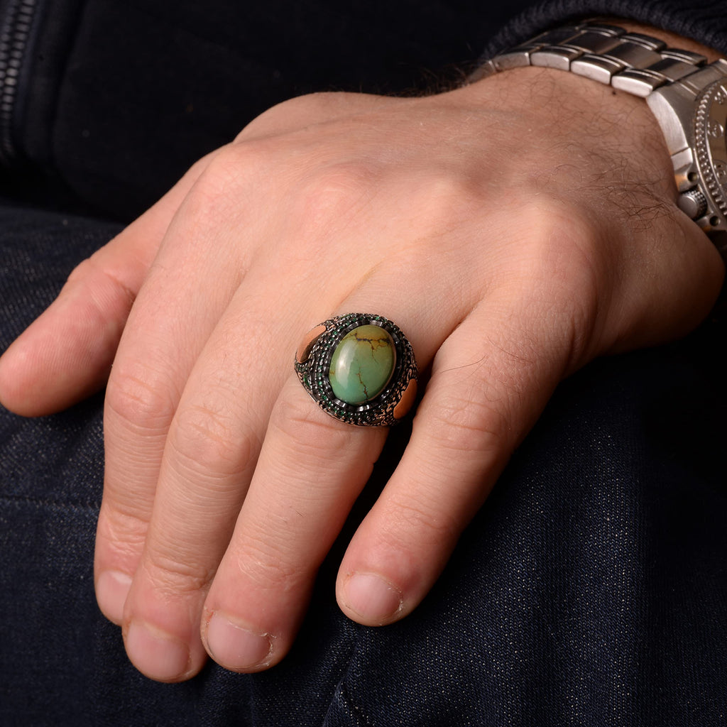 Natural Arizona Turquoise Stone Ring, Minimalist 925 Sterling Silver Men's Ring — 7