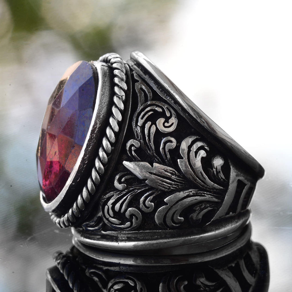 Natural Garnet Stone Ring - Lily Patterned Men's Ring - 925 Sterling Silver Design — 4