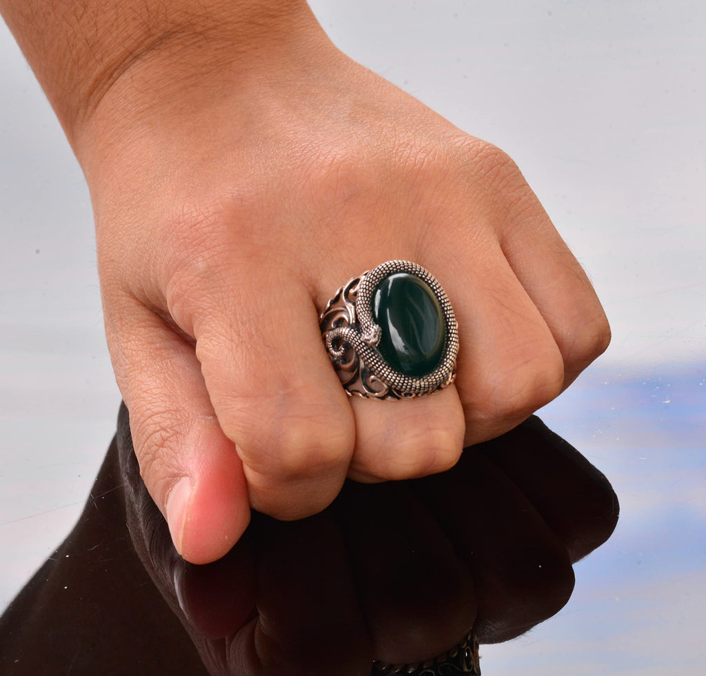 Handcrafted Snake Design Ring, Natural Jade Stone Silver Men's Ring - Symbol of Wisdom and Protection — 8