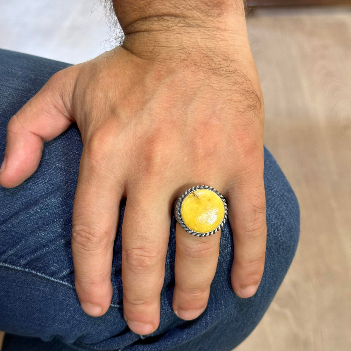 Natural Amber Stone Ring - 925 Sterling Silver Men's Ring — 3