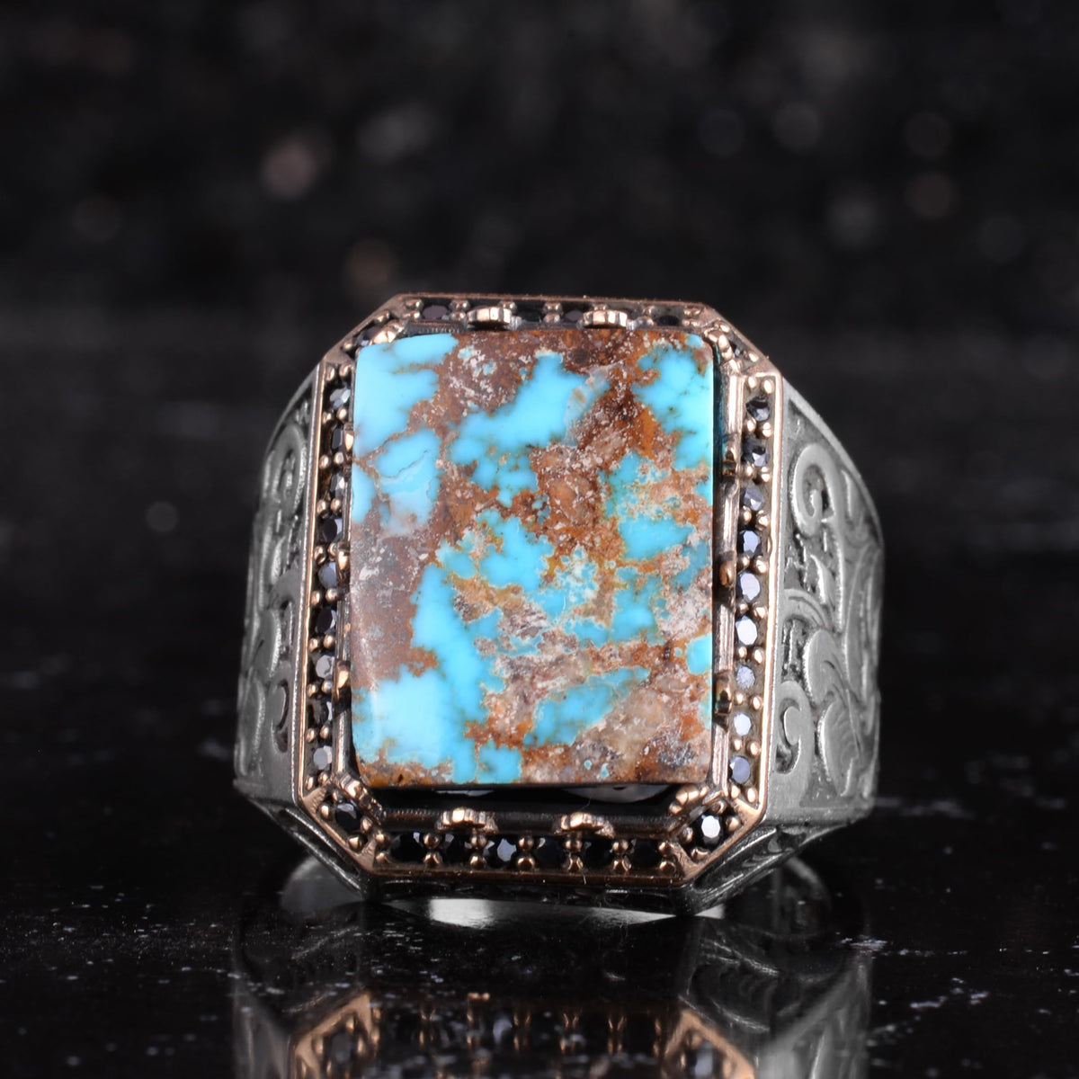 KAMBO Men's Natural Turquoise Stone Ring - 925 Sterling Silver Handmade Rectangular Statement Ring - Vintage Ottoman Style Jewelry — 4