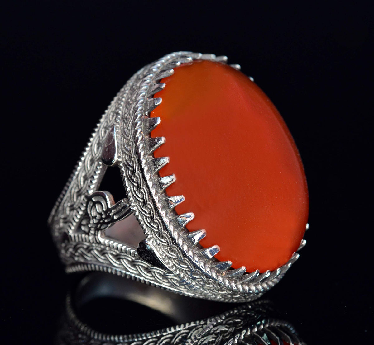 Silver Ring - Ottoman Tugra Design with Natural Agate Stone — 4