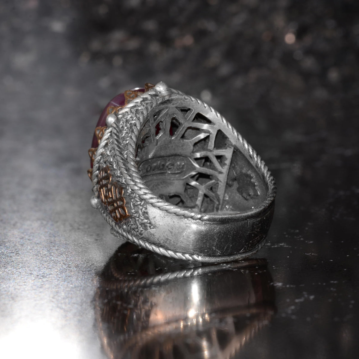 KAMBO Natural 6 Ray Star Ruby Stone Men's Ring 925 Sterling Silver Bronze Detailed Ottoman Pattern Handmade Statement Ring — 6