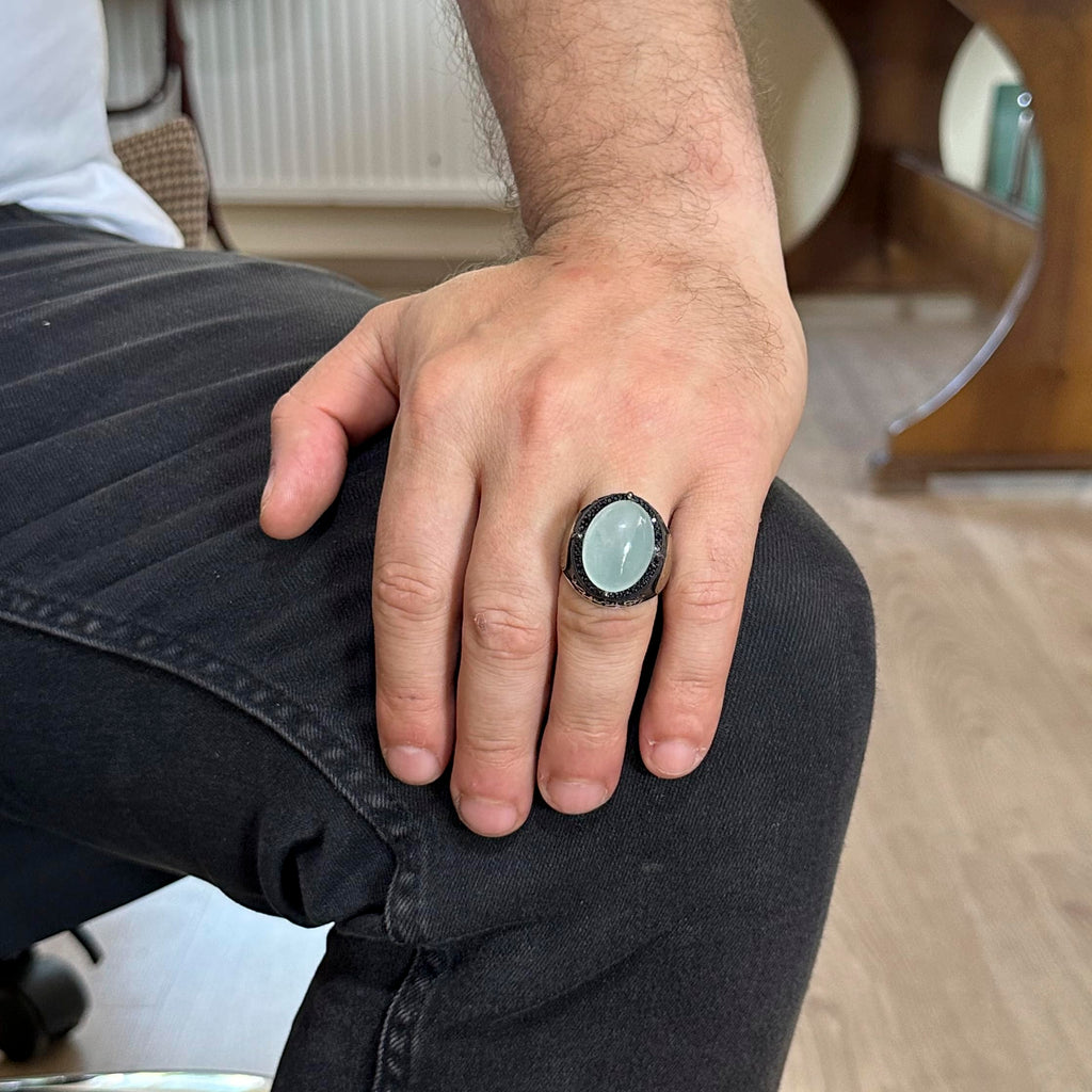 Star of David Ring | Cabochon Aquamarine Stone | 925 Sterling Silver Men's Ring — 5