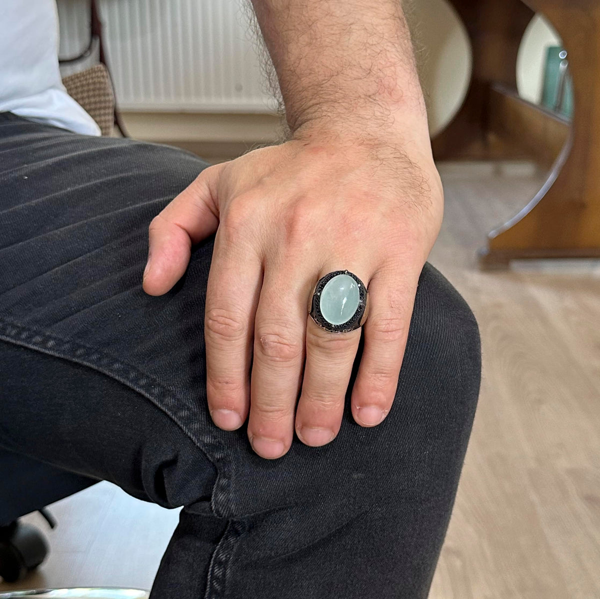 Star of David Ring | Cabochon Aquamarine Stone | 925 Sterling Silver Men's Ring — 5