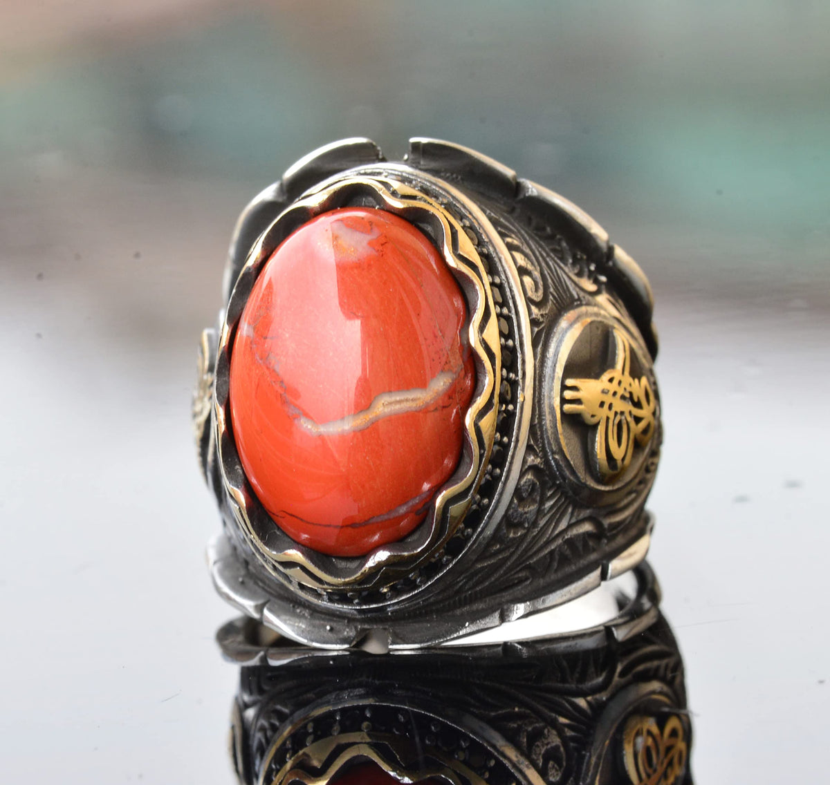 KAMBO Handmade Genuine Natural Bloodstone Ring 11.15 Carat, 925 Sterling Silver Ottoman Signet Ring, Middle Eastern Ethn