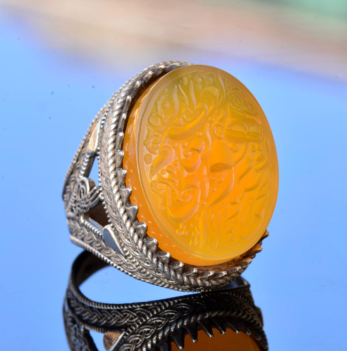KAMBO Natural Yellow Agate Stone 925 Sterling Silver Ring, Above All and Determination Islamic Design, Large Muslim Ring — 3