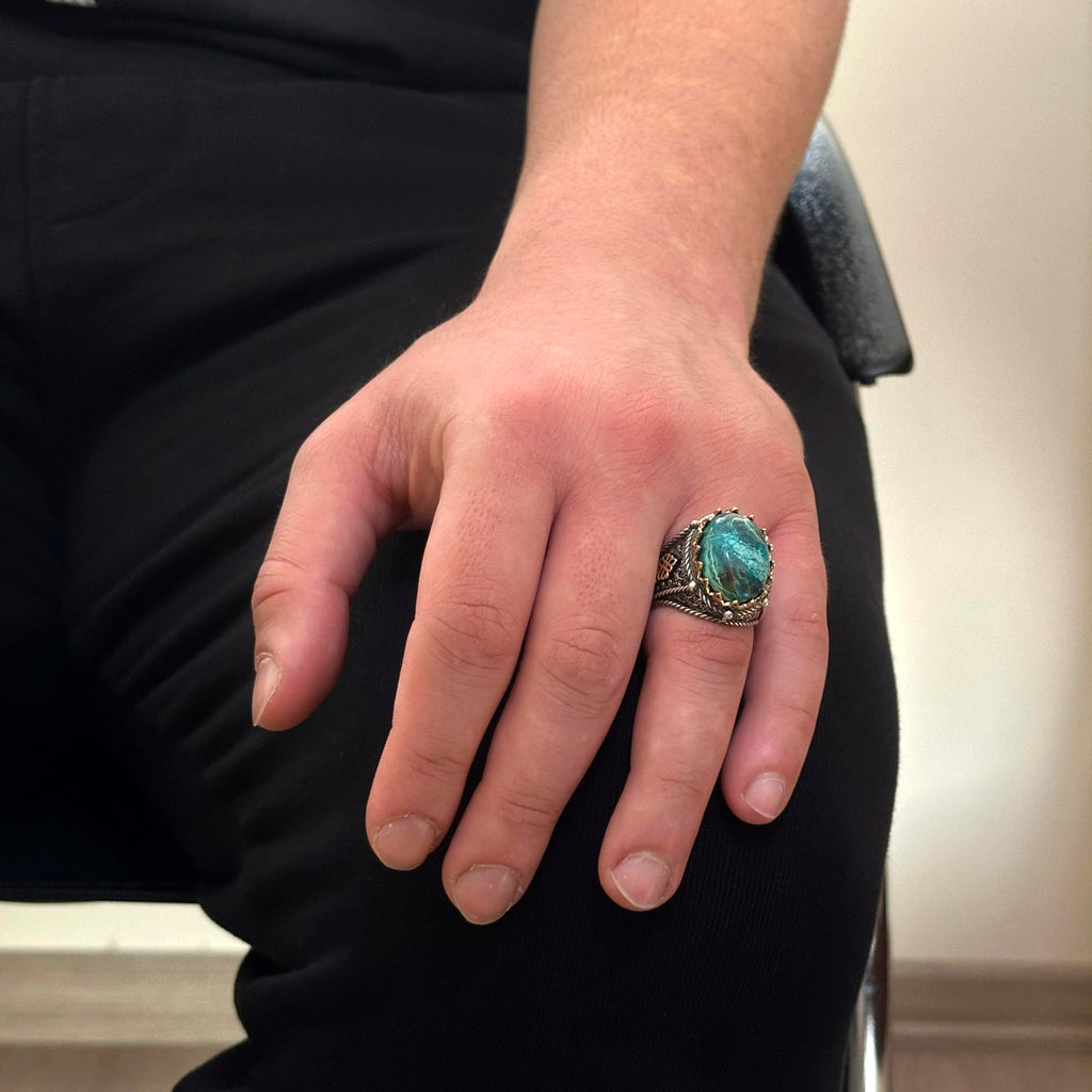 Natural Chrysocolla Stone Ring, 925 Sterling Silver Men's Ring (Model-2) — 3