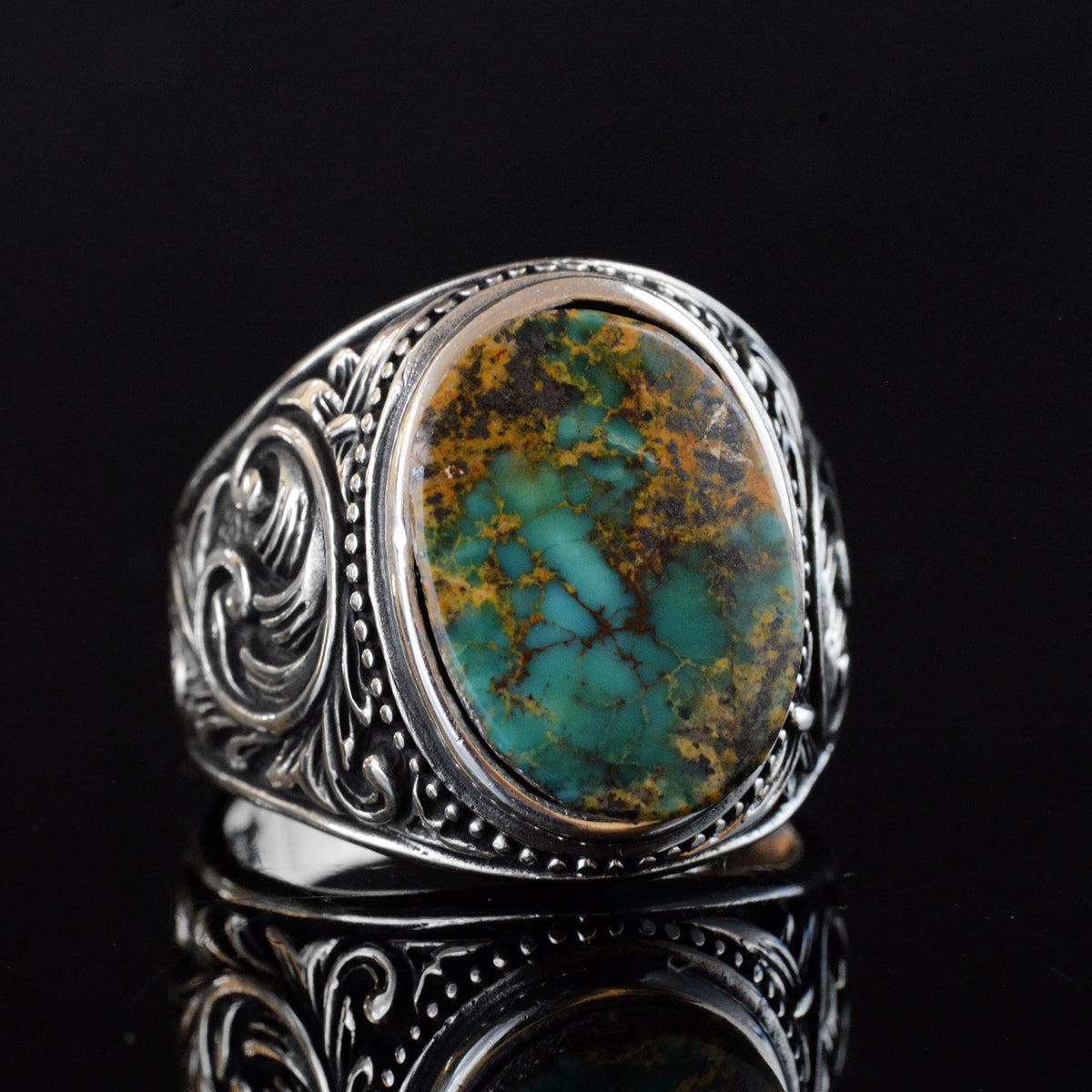 Kambo Natural Arizona Green Turquoise Gemstone Ring, Vintage Design - 925 Sterling Silver Men's Ring, Unique Handcrafted Elegance (Style-3) — 6
