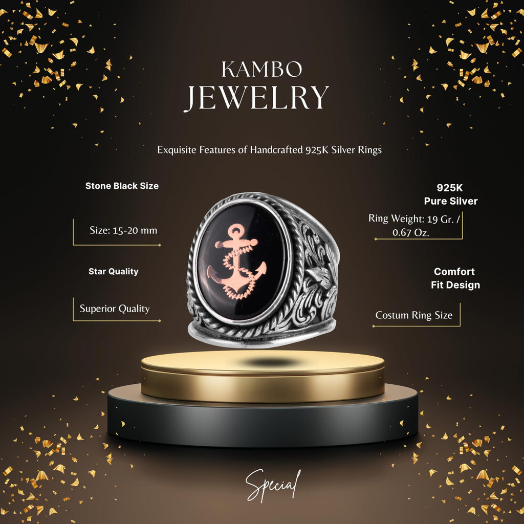 KAMBO Anchor Symbol Men's Ring – Nautical Anchor Engraved 925 Sterling Silver Oval Seal Ring – Sailor Marine Style Statement Jewelry — 2