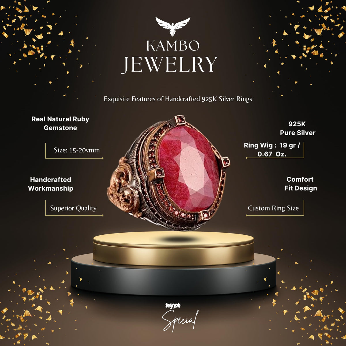 925 Sterling Silver Men's Ring with Natural Ruby Stone - Handmade Craft Jewelry — 2