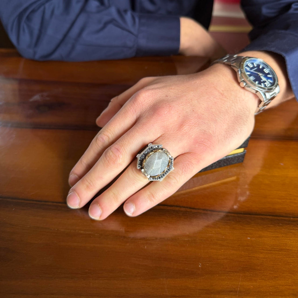 Natural Labradorite Men's Ring 925 Sterling Silver Geometric Frame Black Stone Details Bronze Accents Handmade Statement Ring — 3