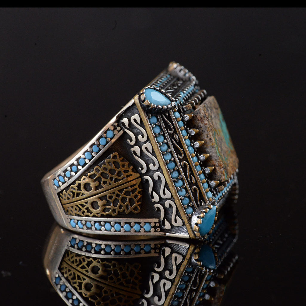 Natural Turquoise Stone Ring, Square Design - 925 Sterling Silver Men's Ring, Handcrafted Elegance — 4