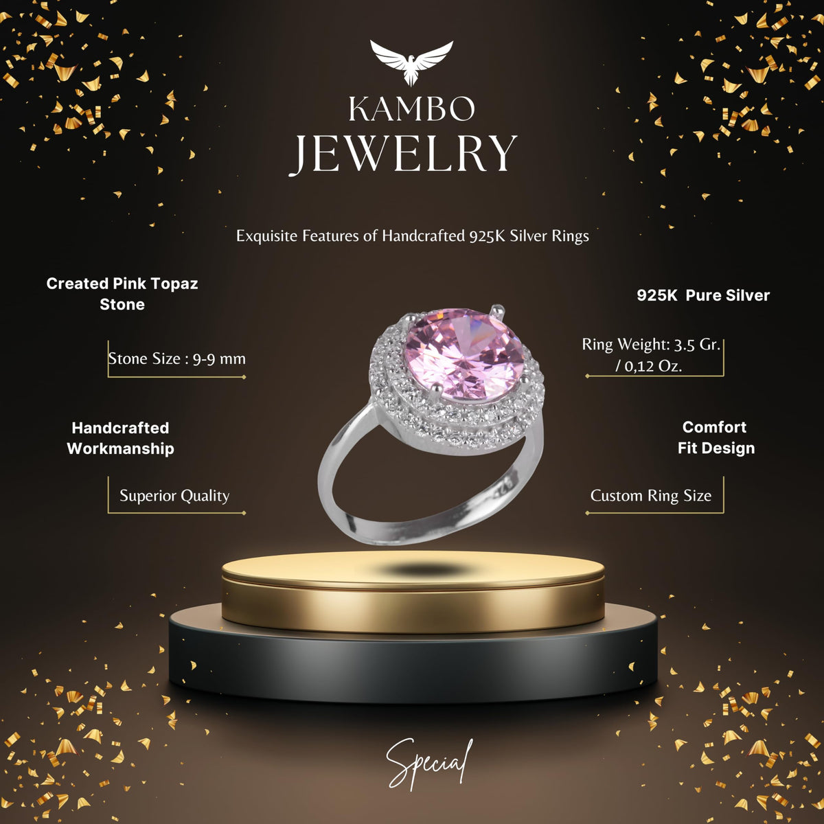 KAMBO Created Stone Handmade Ring - 925 Sterling Silver Women's Ring - Elegant Round Cut Stone Ring (Created Pink Topaz) — 2