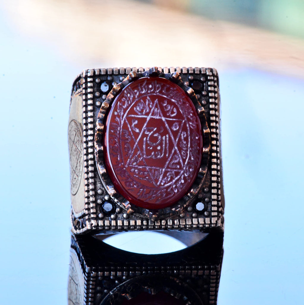Handmade Natural Agate Stone Silver Men's Ring - Symbol of Strength and Protection (Red Agate) — 5