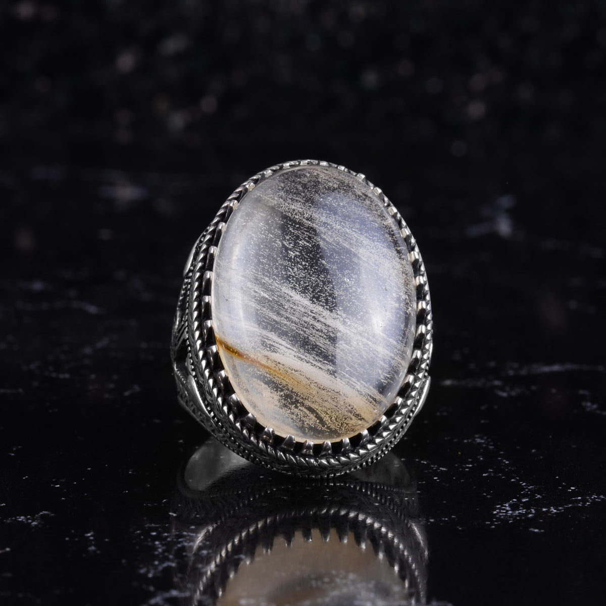 KAMBO Men's Natural Stone Ring – 925 Sterling Silver Large Statement Ring – Handmade Ottoman Pattern Jewelry (Rutilated Quartz-2) — 3
