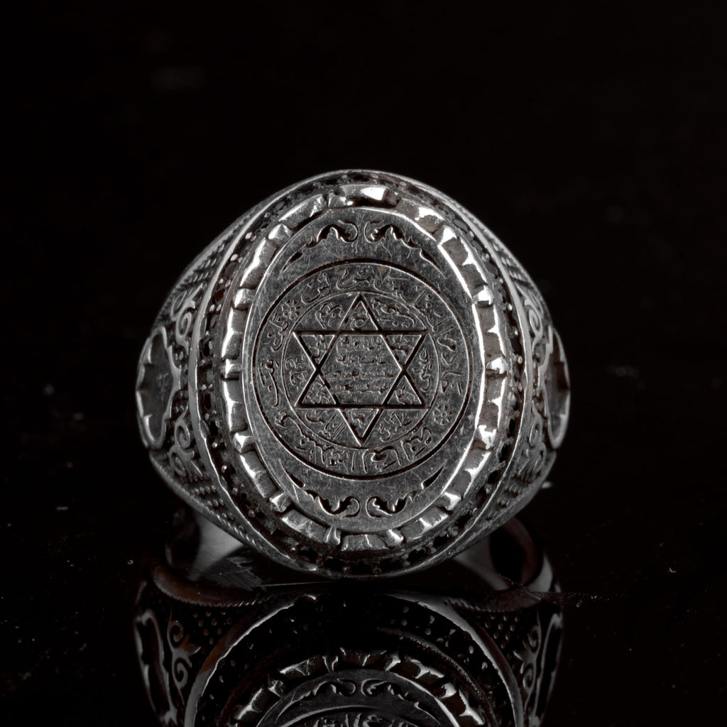 925 Sterling Silver Islamic Men's Ring - Solomon's Seal Carved Ring - Handmade Vintage Large Ring — 7