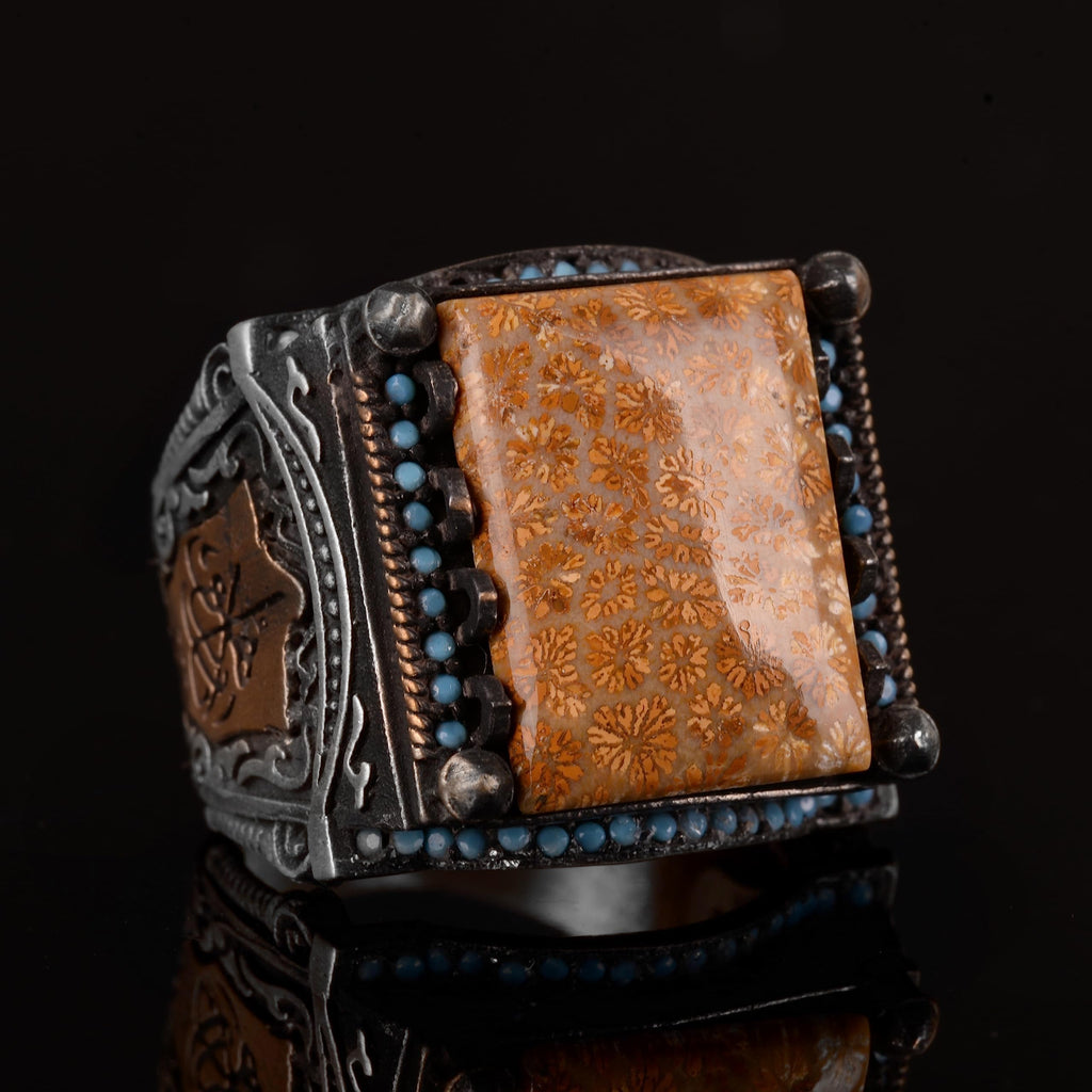 Natural Coral Stone Men's Ring - 925 Sterling Silver Handmade Ring — 5