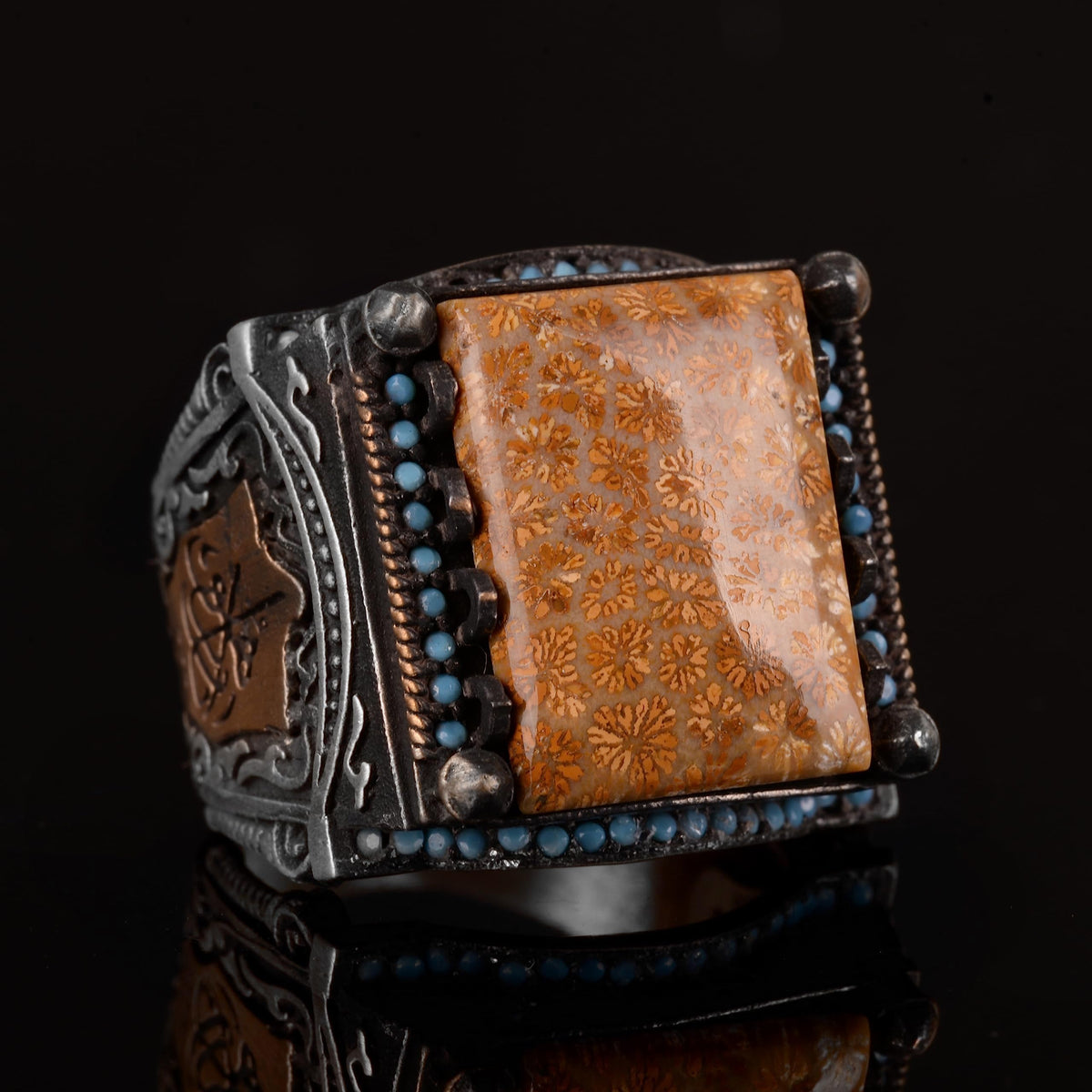 Natural Coral Stone Men's Ring - 925 Sterling Silver Handmade Ring — 5