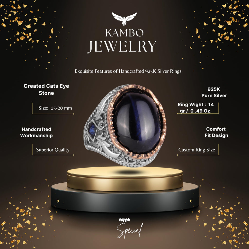 Synthetic Stone Ring - Handmade Men's Ring - Elegant 925 Sterling Silver Men's Ring (Synthetic Blue Cat's Eye) — 2