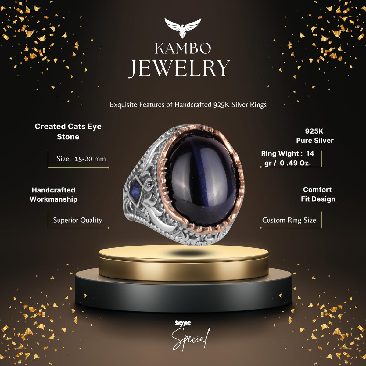 Synthetic Stone Ring - Handmade Men's Ring - Elegant 925 Sterling Silver Men's Ring (Synthetic Blue Cat's Eye) — 2