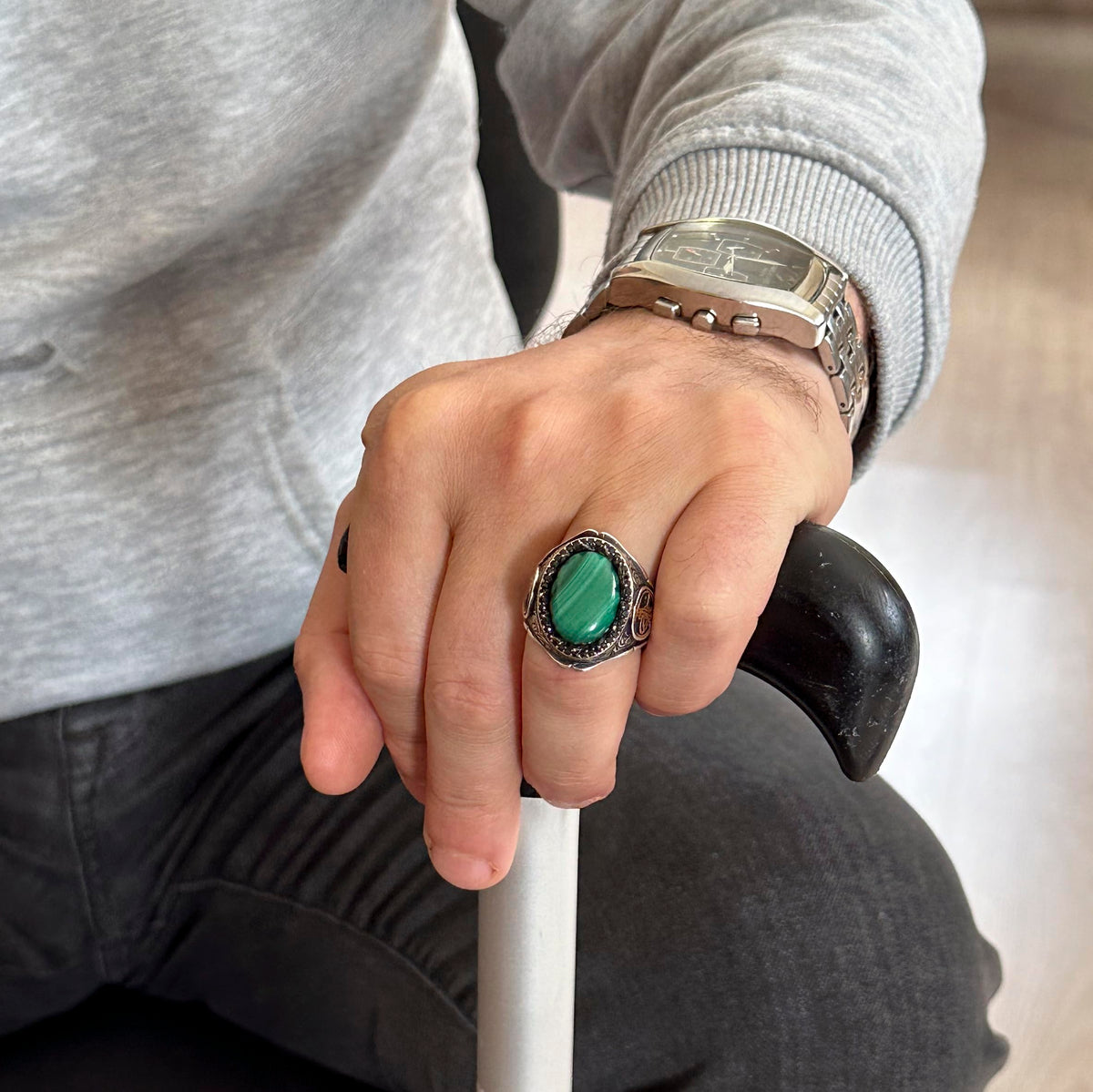 925 Sterling Silver Men's Ring - Handmade Elegance with Natural Stones (Malachite Stone) — 3