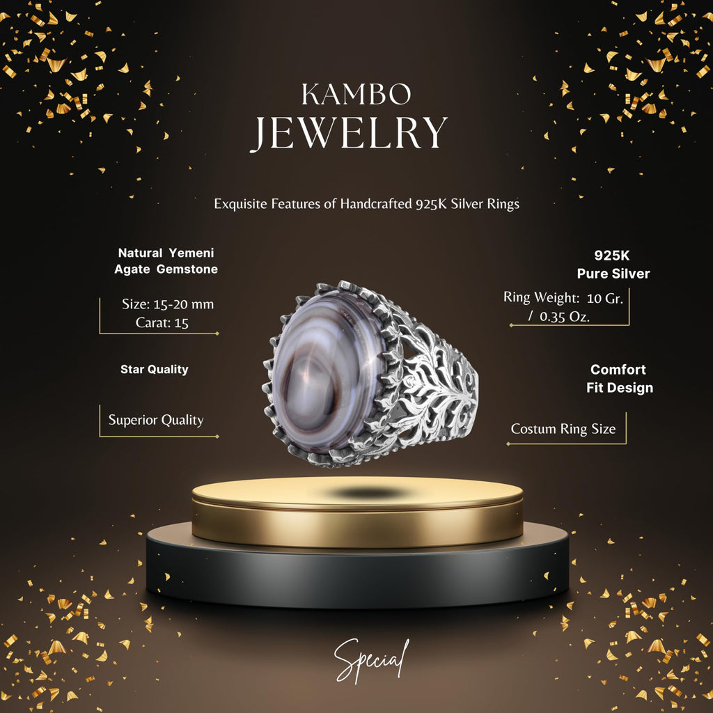 KAMBO Natural Yemen Agate Stone Ring – 925 Sterling Silver Decorative Men's Ring – Handmade Vintage Statement Ring (Yemen Agate-5) — 2