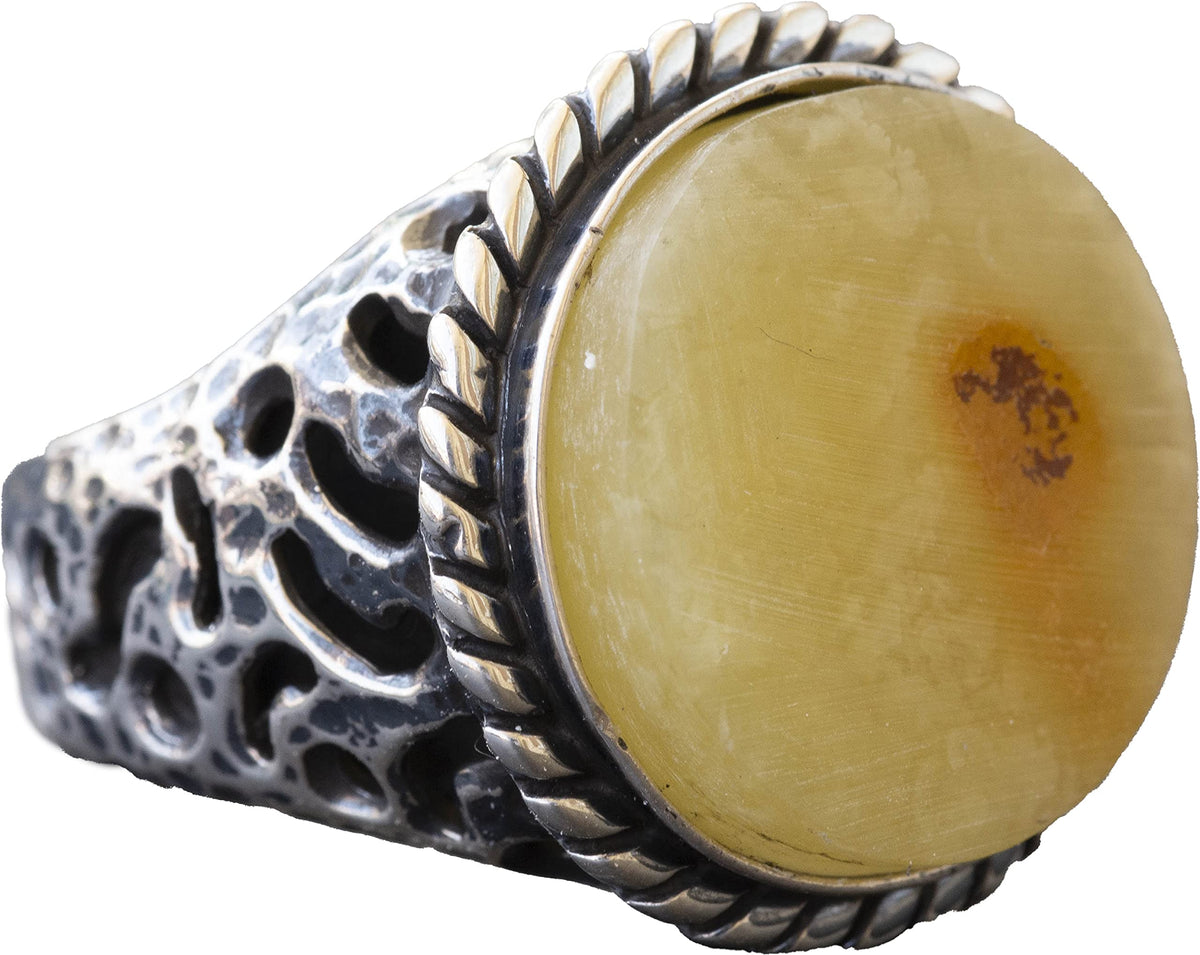 Natural Baltic Amber Stone Ring - 925 Sterling Silver Men's Ring