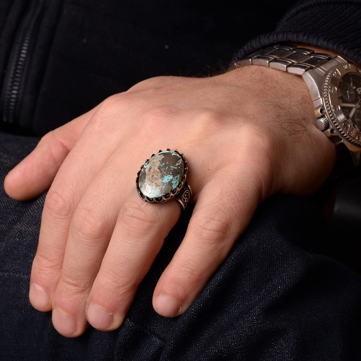 Natural Arizona Turquoise Stone Ring - Handmade, 925 Sterling Silver — 7
