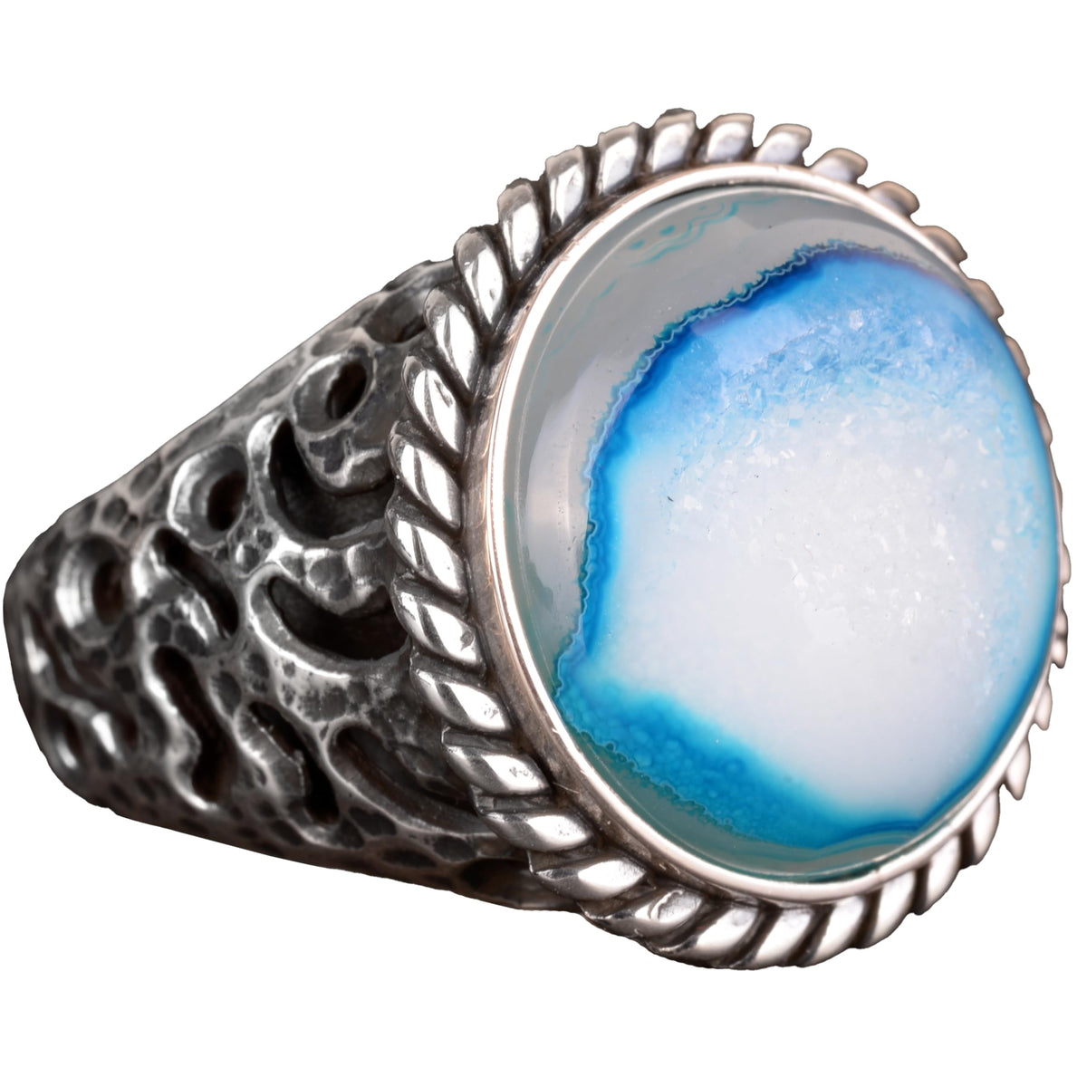 Natural Druzy Quartz with 925 Sterling Silver Ring (Blue)