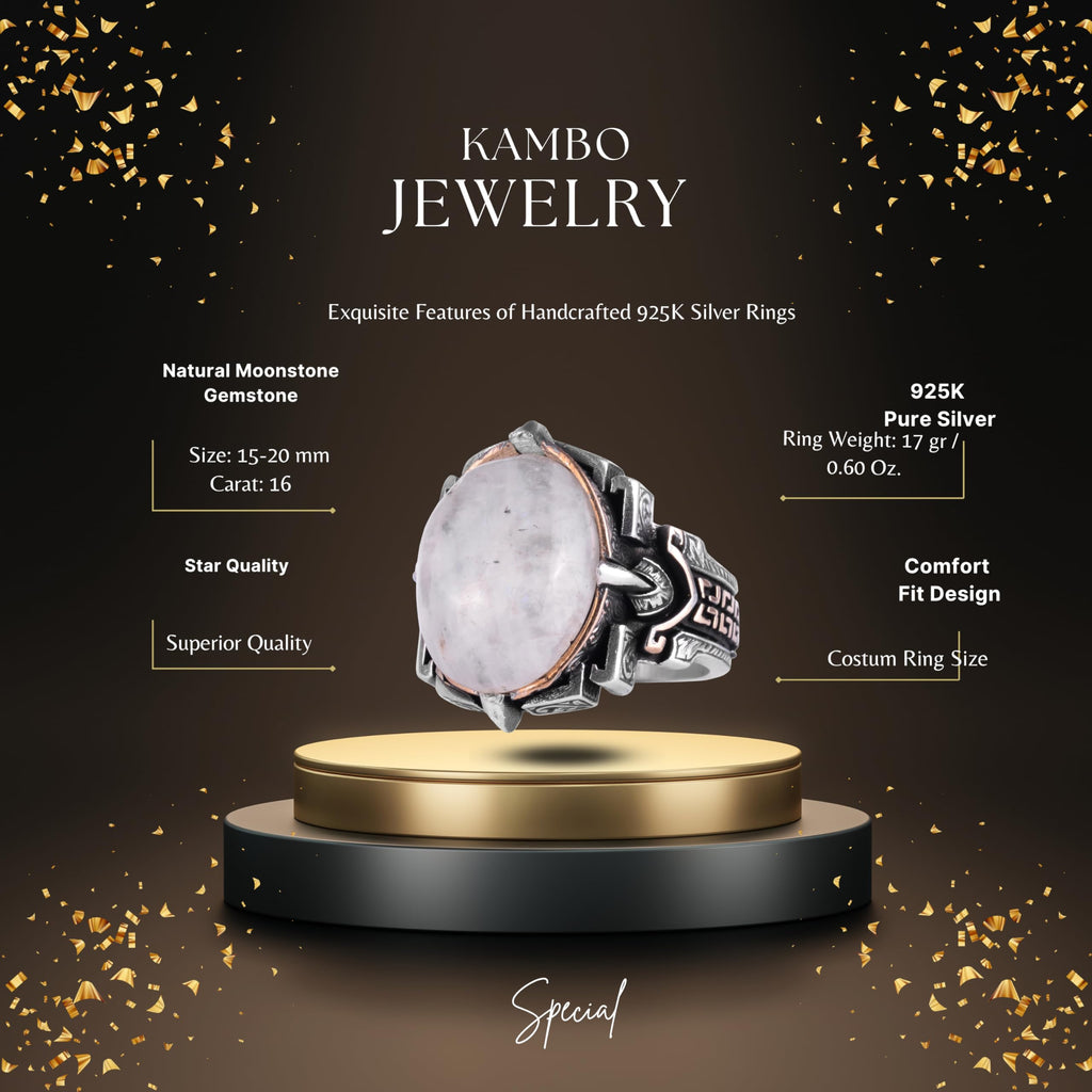 KAMBO Natural Stone Ring 925 Sterling Silver – Handmade Men's Statement Ring Healing Jewelry (Moonstone) — 2