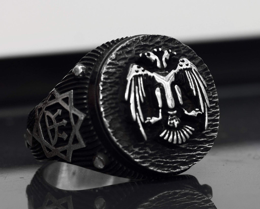 Men's 925 Sterling Silver Double-Headed Eagle Ring - Norse Runic and Star of David Design for Protection — 2