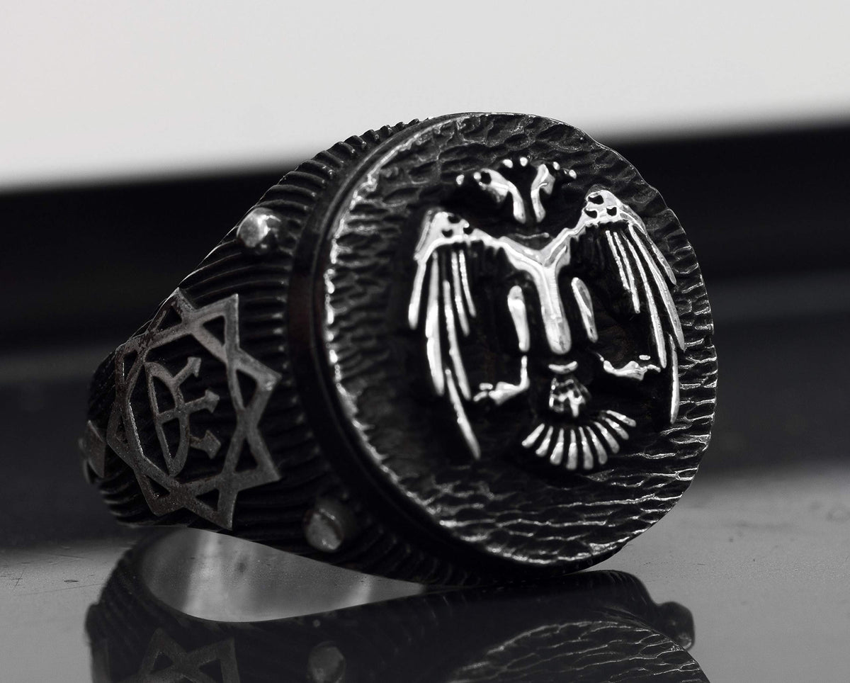 Men's 925 Sterling Silver Double-Headed Eagle Ring - Norse Runic and Star of David Design for Protection — 2