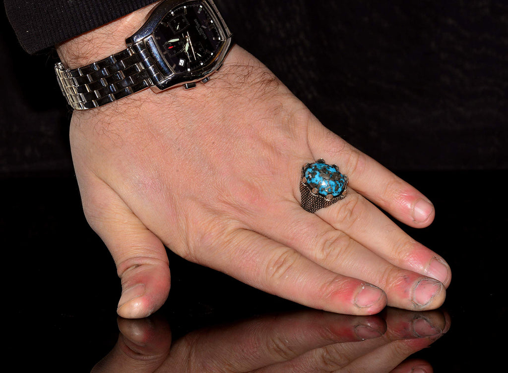Silver Men's Ring - Arizona Turquoise Natural Stone - Hawk Claw Design (Model-2) — 6