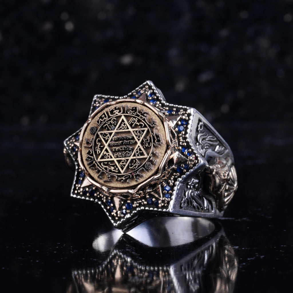 KAMBO 925 Sterling Silver Arabic Calligraphy Star Shaped Large Men's Ring Bronze Details Religious Spiritual Statement Ring (Star of David) — 5