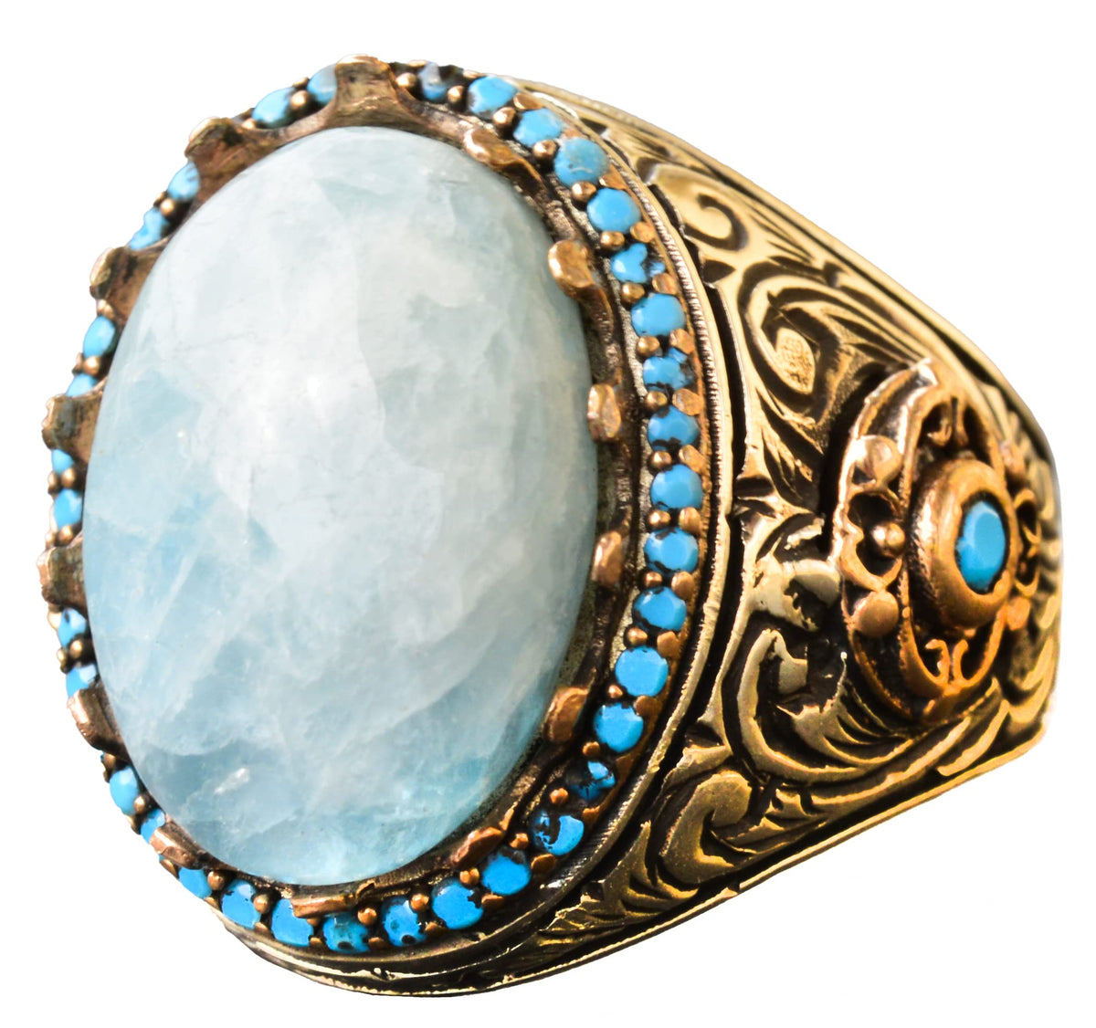 KAMBO Handmade 925 Sterling Silver Larimar Gemstone King Ring for Men, Vintage Art Deco Statement Jewelry, Natural Blue 