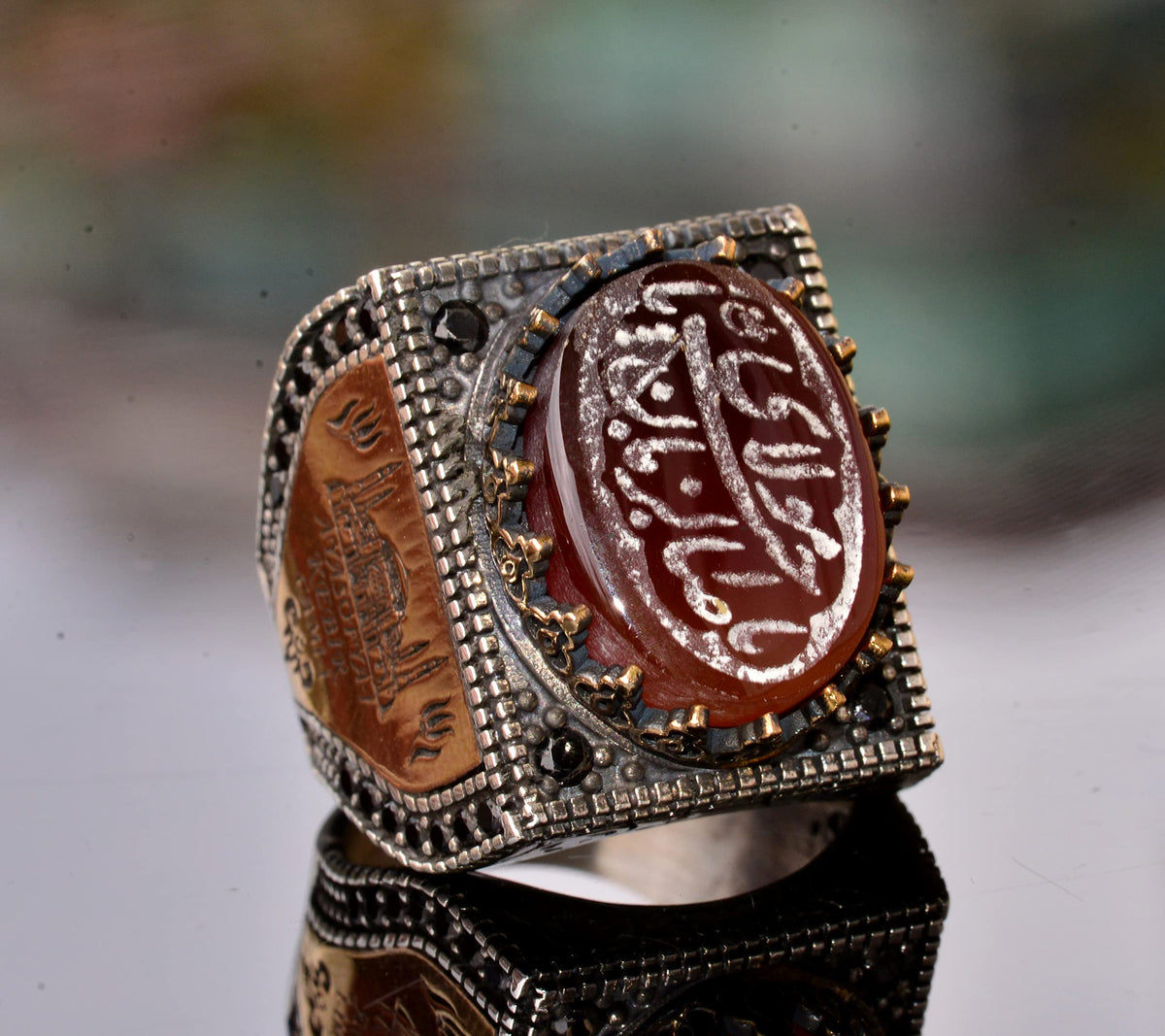 Silver Islamic Men's Ring with Natural Agate Stone — 3