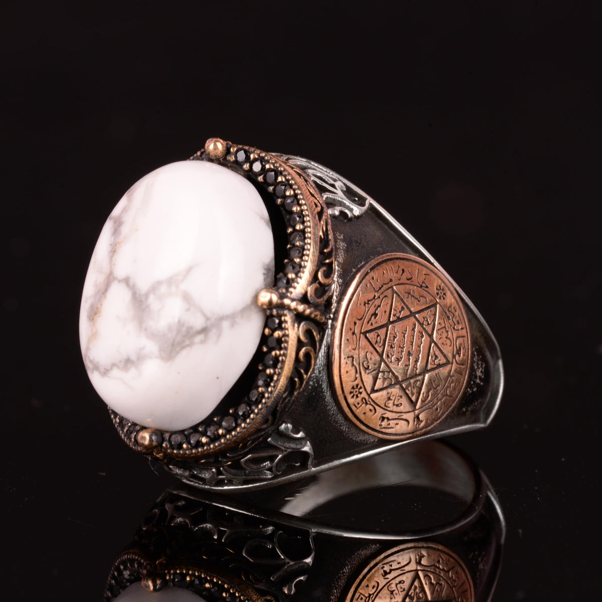 Star of David Silver Ring, Natural Howlite Stone Ring — 7