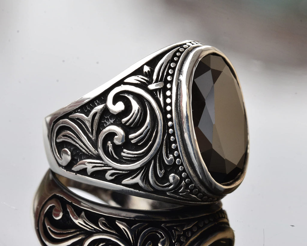 Handmade 925 Sterling Silver Men's Ring with Natural Obsidian Stone, Intricate Band Design, Unique Silver Ring — 5