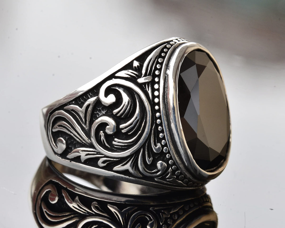 Handmade 925 Sterling Silver Men's Ring with Natural Obsidian Stone, Intricate Band Design, Unique Silver Ring — 5