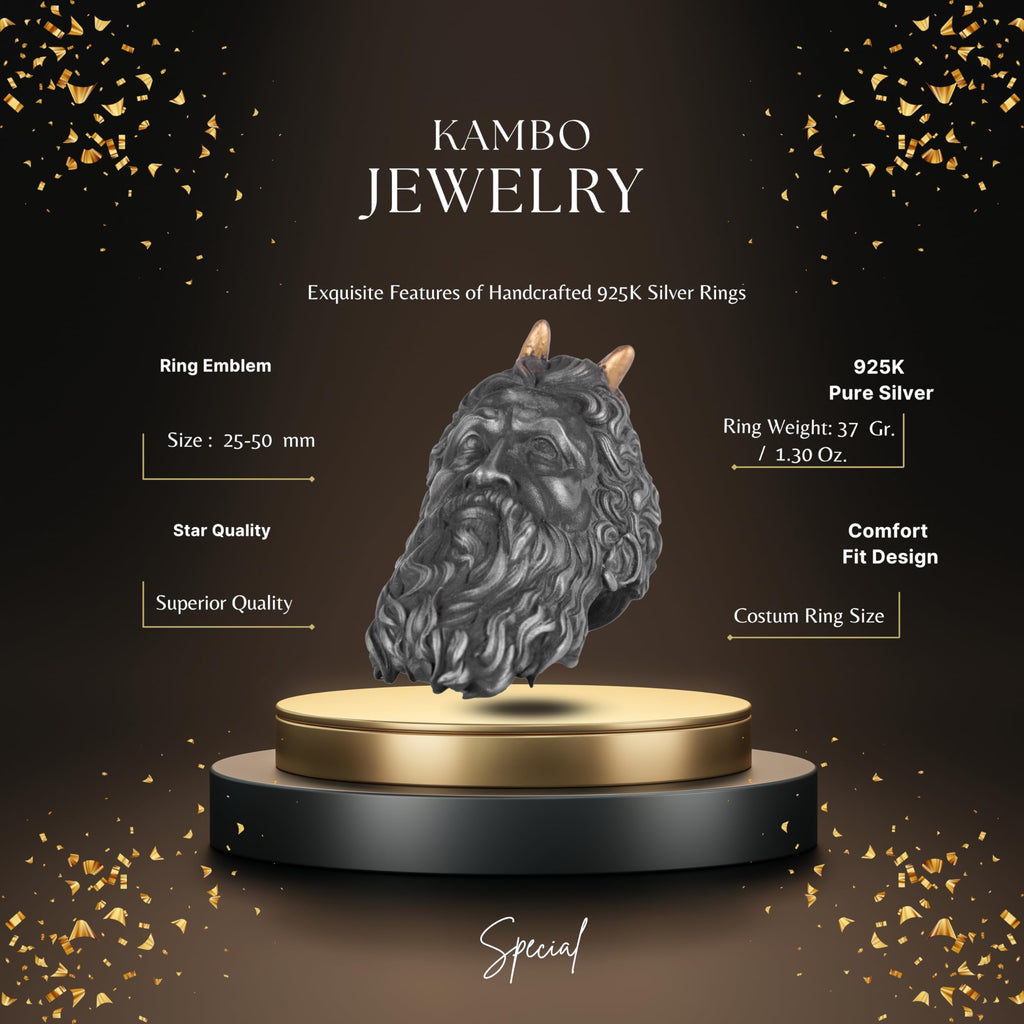 KAMBO Horned Elder Men's Ring – Gold Plated Horned 925 Sterling Silver – Mythological Bearded God Gothic Statement Ring – Handmade Artisan Jewelry — 2